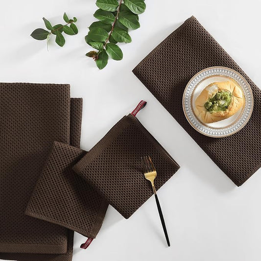 Homaxy 100% Cotton Kitchen Towels and Dishcloths Set, 12 x 12 Inches and 13 x 28 Inches, Set of 16 Bulk Kitchen Towels Set, Ultra Soft Absorbent Dish Cloths for Washing Dishes, Dark Brown