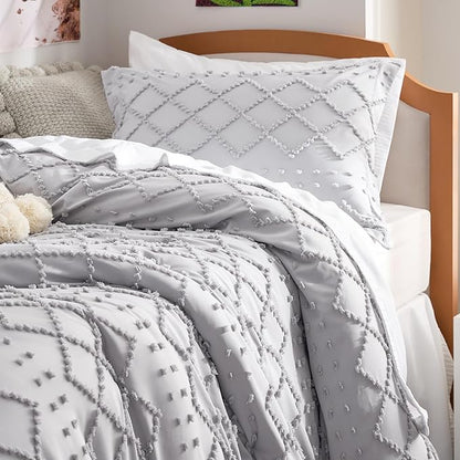 Bedsure Twin Comforter Set - Light Grey Comforter, Boho Tufted Shabby Chic Bedding for Kids, 2 Pieces Vintage Farmhouse Bed Set for All Seasons, Fluffy Soft Bedding with 1 Pillow Sham