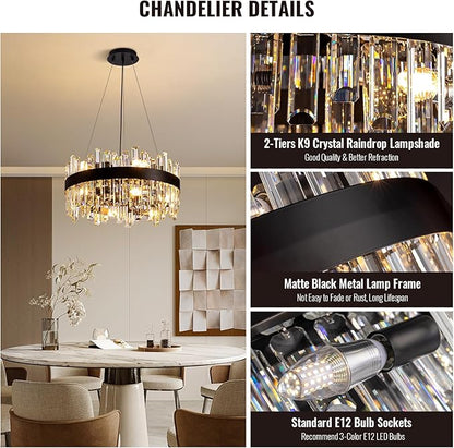 Siljoy Black Crystal Chandelier for Dining Room, Modern 2-Tiers K9 Crystal Raindrop Chandelier 12 Lights Dimmable Farmhouse Pendant Ceiling Light for Living Room Kitchen Island Entry Foyer D19.7''