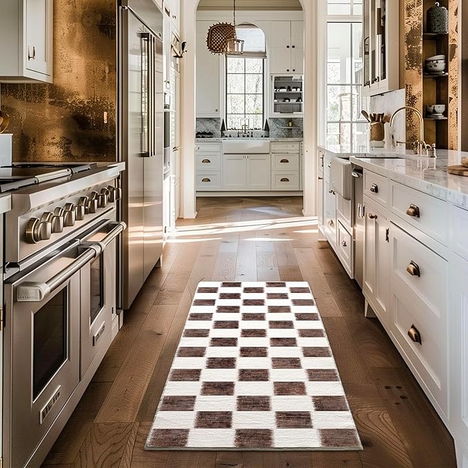 EVERGRACE Checkered Plaid Area Rug 2x6, Soft Fuzzy Faux Wool Rugs Washable Anti Slip Rugs Long Runner Rug for Entryway Bedroom Living Room Hallway Dining Room and Laundry, Dark Brown and White