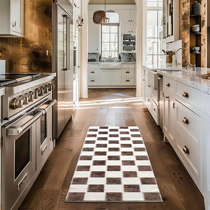 EVERGRACE Checkered Plaid Area Rug 2x6, Soft Fuzzy Faux Wool Rugs Washable Anti Slip Rugs Long Runner Rug for Entryway Bedroom Living Room Hallway Dining Room and Laundry, Dark Brown and White