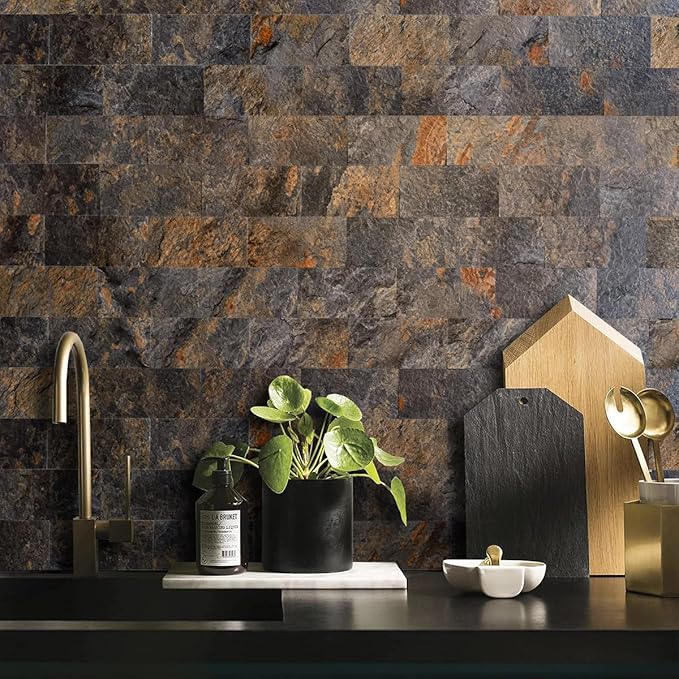 AULIGET 200 Pieces Rust Slate Peel and Stick Backsplash Wall Tiles, 3" x 6" PVC Faux Stone Stick on Tiles for Backsplash Kitchen, Bathroom, Laundry Room, Camper, Fireplace