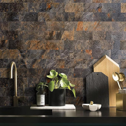 AULIGET Rustic Slate Peel and Stick Backsplash Wall Tile, 3" x 6" PVC Faux Stone Stick on Tiles, 4