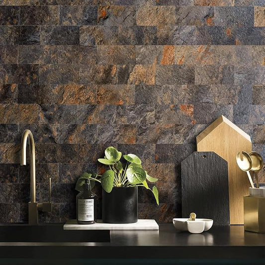 AULIGET Rustic Slate Peel and Stick Backsplash Wall Tile, 3" x 6" PVC Faux Stone Stick on Tiles, 4