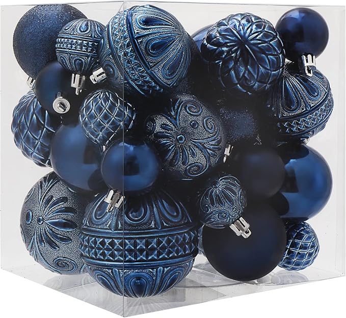 Christmas Ball Ornaments Navy Blue Christmas Tree Decorations with Hang Rope-36pcs Shatterproof Christmas Ornaments Set with 6 Styles in 3 Sizes(Small Medium Large)