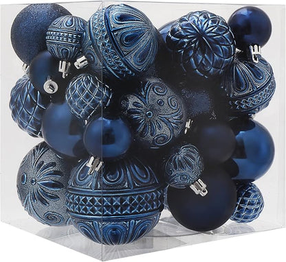 Christmas Ball Ornaments Navy Blue Christmas Tree Decorations with Hang Rope-36pcs Shatterproof Christmas Ornaments Set with 6 Styles in 3 Sizes(Small Medium Large)