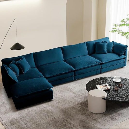 SoarFlash Chenille Sectional Sofa, Comfy L Shaped Modular Coush Sofa with Ottoman, Modern 4 Seat Couch Deep Seat Sofa Set for Living Room,Deep Blue