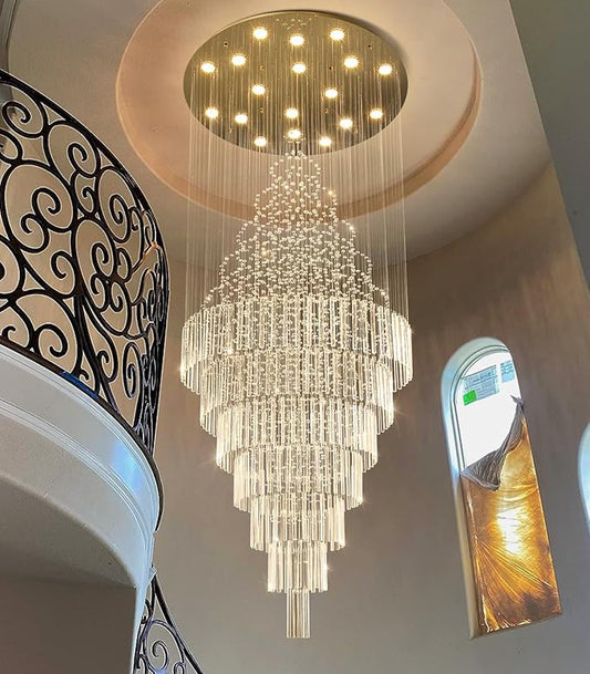 W40 x H120 Glam Chandelier with LED Bulbs Crystal Raindrop High Ceiling Pendant Light for Entrance Large Villa Chandelier Foyer Lighting Fixtures Gold