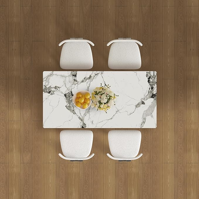Montary 63" Modern 4-6 Person Dining Table with Storage Cabinet, Artificial Marble Dining Table with Sintered Stone Tabletop & Golden Solid Wood Base, Includes 4 White Velvet Chairs for Kitchen