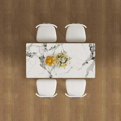 Montary 63" Modern 4-6 Person Dining Table with Storage Cabinet, Artificial Marble Dining Table with Sintered Stone Tabletop & Golden Solid Wood Base, Includes 4 White Velvet Chairs for Kitchen