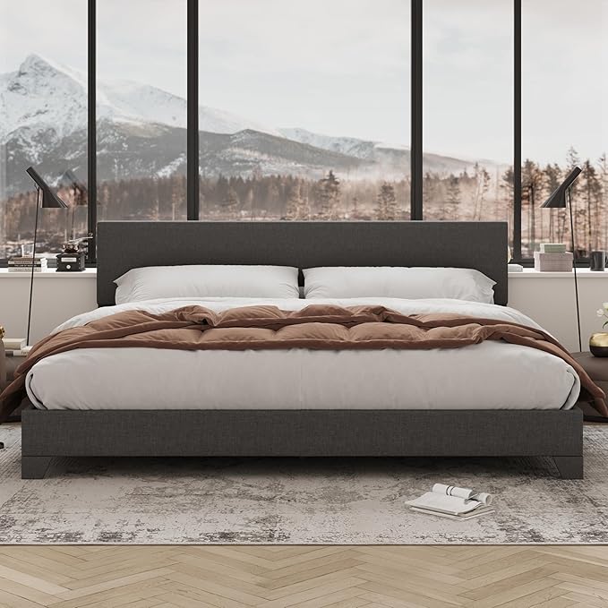 Allewie King Size Bed Frame with Adjustable Headboard, Upholstered Platform Bed with Wood Slats, Heavy Duty Mattress Foundation, No Box Spring Needed, Noise-Free, Easy Assembly, Dark Grey