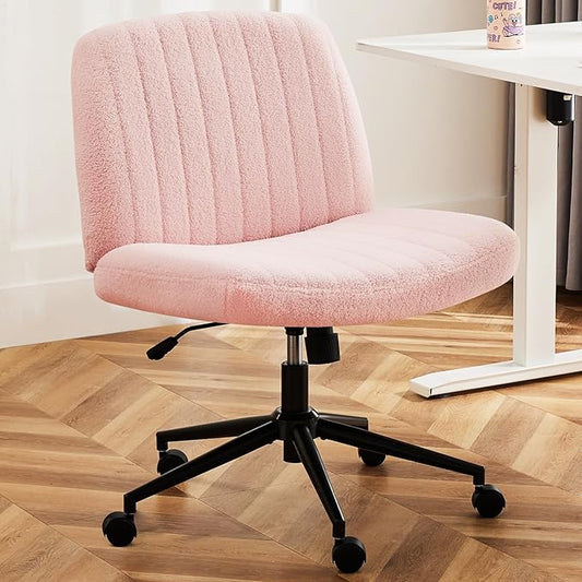 DUMOS Criss Cross Chair with Wheels, Legged Office Armless Wide Desk Seat with Dual-Purpose Base, Adjustable Swivel Teddy Fabric Task Vanity Home Bedroom, Pink