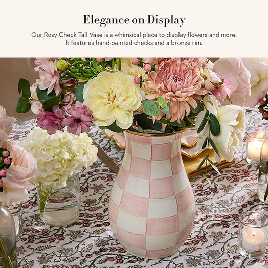 MACKENZIE-CHILDS Tall Enamel Vase, Unique Flower Vase, Bouquet Vase Decor for Living Room, Pink-and-White Rosy Check