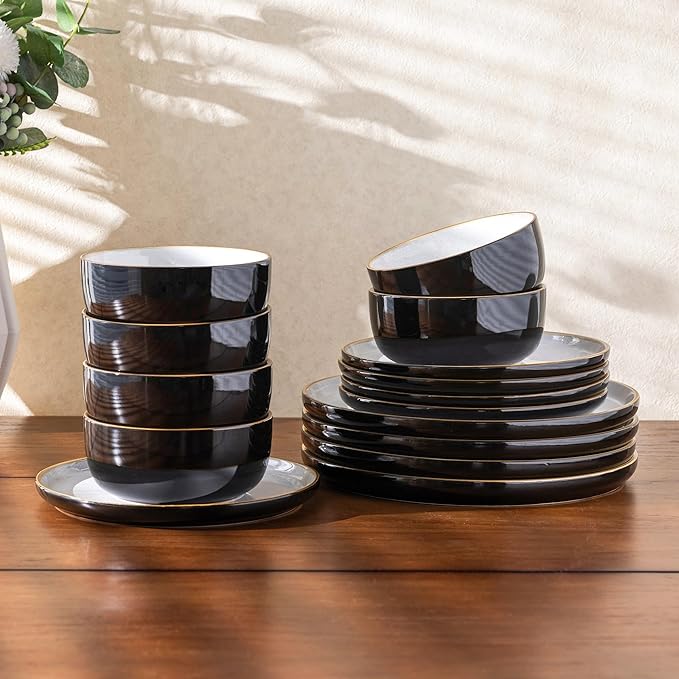 AmorArc Dinnerware Set - 12 Piece Ceramic Plates and Bowls, Stoneware Plates Handpainted, Dishwasher & Microwave Safe (Speckled Black & White, Service for 4)