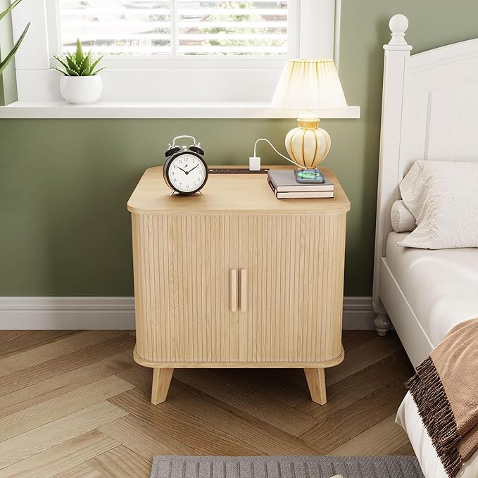 End Table with Charging Station, 24" Fluted Night Stands with Sliding Door, Farmhouse Large Wooden Side Table with Storage for Bedroom Living (Square, Natural)