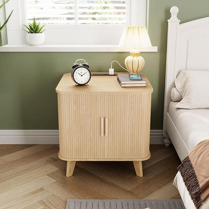 End Table with Charging Station, 24" Fluted Night Stands with Sliding Door, Farmhouse Large Wooden Side Table with Storage for Bedroom Living (Square, Natural)
