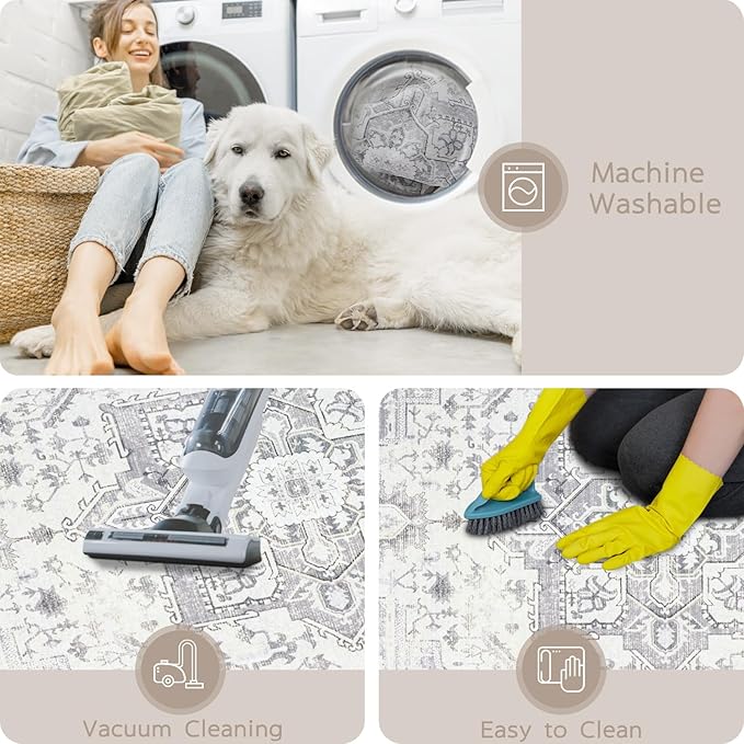 Area Rug 8x10 Washable Area Rugs for Living Room,Bedroom, Dining Room- Ultra Soft Non-Shedding Faux Wool Retro Rugs,Large Vintage Carpets with Non Slip Rubber Backing for Farmhouse Home Office