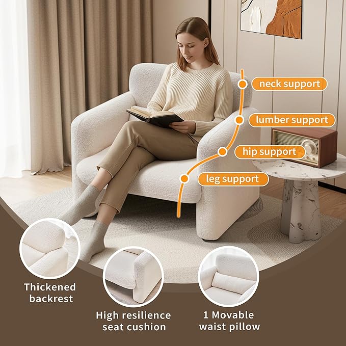 33.86" Accent Chairs, Modern Sherpa Fabric Armed Chair Comfy Upholstered Armchair Leisure Single Sofa Chair with a Waist Pillow for Bedroom, Office and Living Room
