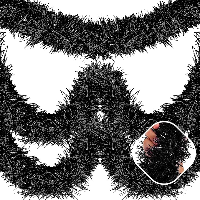 50 Feet Black Christmas Tinsel Garland, Metallic Foil Twist Garland Wall Hanging Tinsel Banner Backdrop for Parade Floats, Easter, Mother's Day, Wedding Party Decorations (2in x 50ft)