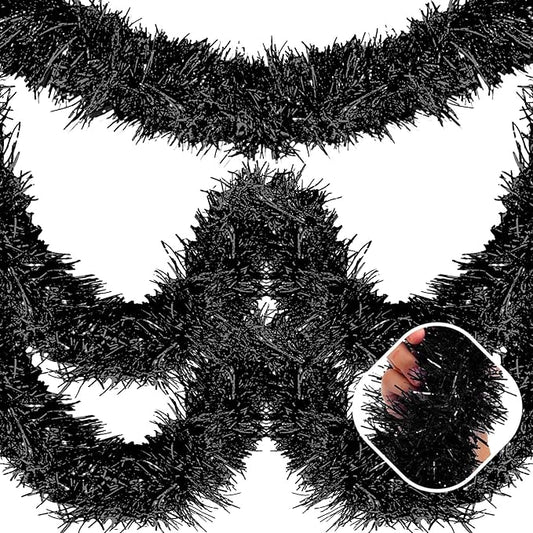 50 Feet Black Christmas Tinsel Garland, Metallic Foil Twist Garland Wall Hanging Tinsel Banner Backdrop for Parade Floats, Easter, Mother's Day, Wedding Party Decorations (2in x 50ft)