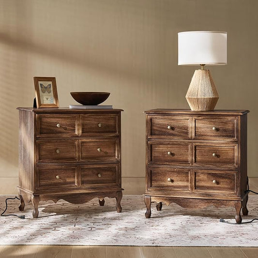 HULALA HOME 3 Drawer Nightstand with Charging Station Drawer Organizer with Wood Legs Farmhouse Solid Wood Set of 2, Walnut