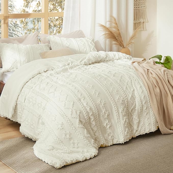 Bedsure Tufted Boho Comforter Set California King Size - Ivory Boho Bed Set, GentleSoft™ 3 Pieces Farmhouse Shabby Chic Embroidery Bedding, Gifts for Woman, Soft Jacquard Comforter for All Seasons