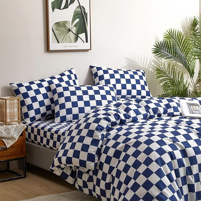 CLOTHKNOW Plaid Twin/Twin XL Comforter Sets Blue White Bedding Comforter Sets Royal Blue White Bed Comforter Blue Bedding Sets Soft