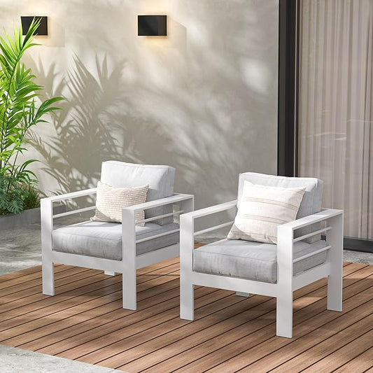 Wisteria Lane 2 Pieces Patio Furniture Aluminum Outdoor Chair, All-Weather Outdoor Single Chair, White Metal Chair with Light Grey Cushions