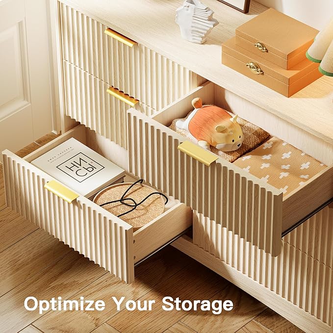 Pipishell Fluted 6 Drawers Dresser for Bedroom, 47" Wooden Drawers with Metal Handle, Dressers with Round Corner Design, Closet Storage Organizer for Bedroom, Hallway, Natural Oak