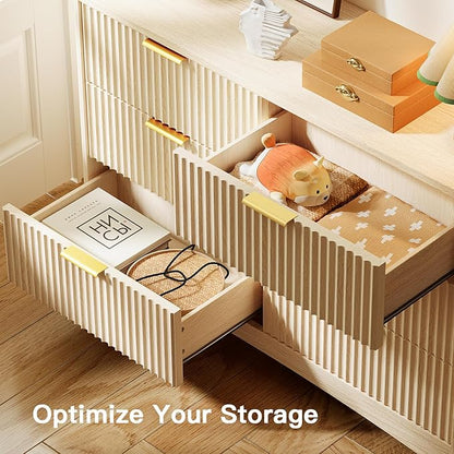 Pipishell Fluted 6 Drawers Dresser for Bedroom, 47" Wooden Drawers with Metal Handle, Dressers with Round Corner Design, Closet Storage Organizer for Bedroom, Hallway, Natural Oak