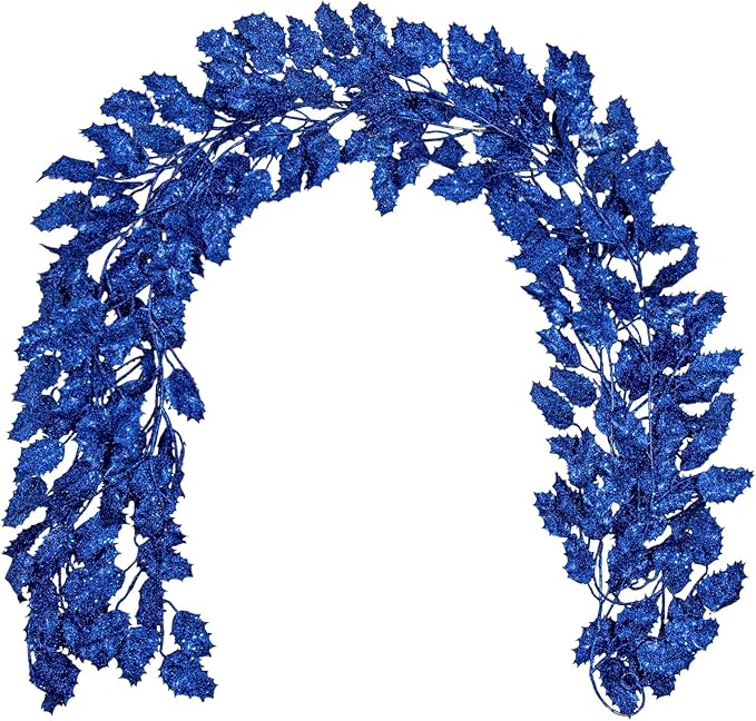3 Pcs 6FT Christmas Garland Blue Glittered Artificial Holly Leaves for Mantle Christmas Tree Decorations Indoor Outdoor Hanging Garland Ornaments Garden Door Wall Window Stair Holiday Home Decor