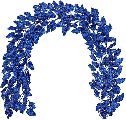 3 Pcs 6FT Christmas Garland Blue Glittered Artificial Holly Leaves for Mantle Christmas Tree Decorations Indoor Outdoor Hanging Garland Ornaments Garden Door Wall Window Stair Holiday Home Decor