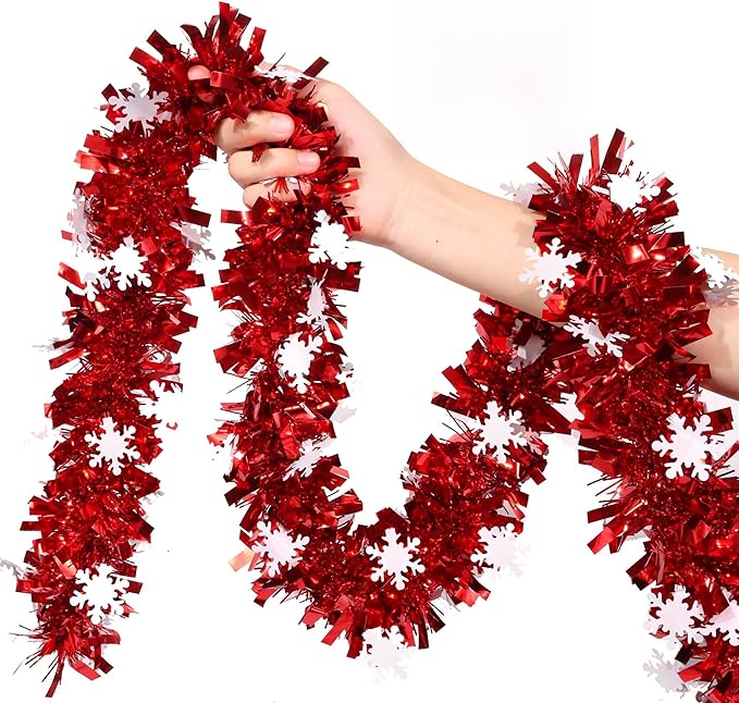 50 Feet Red Christmas Tinsel Garland with Snowflake Ornaments Metallic Twist Shiny Xmas Decorations Tree Garlands for Home Mantle Office Stair Indoor Outdoor Holiday Decor Party Supplies