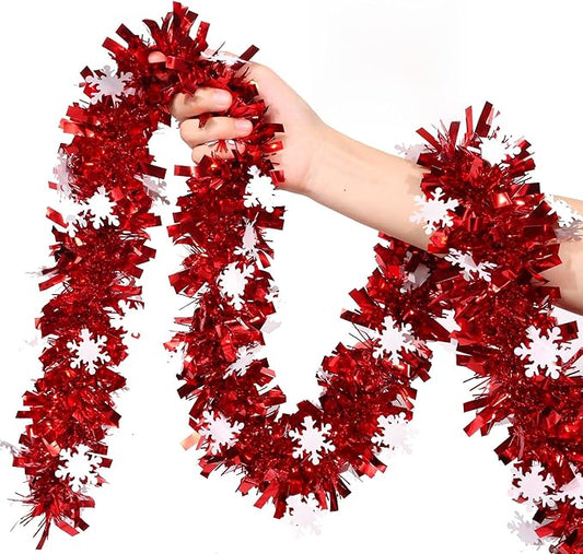 50 Feet Red Christmas Tinsel Garland with Snowflake Ornaments Metallic Twist Shiny Xmas Decorations Tree Garlands for Home Mantle Office Stair Indoor Outdoor Holiday Decor Party Supplies