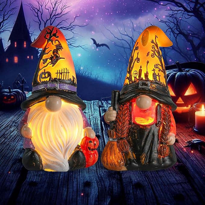 Halloween Gnomes and Witch Figurines - 2Pack Lights Up Fall Gnome - 4.5'' Resin Indoor Halloween Decor for Women (Gnomes)