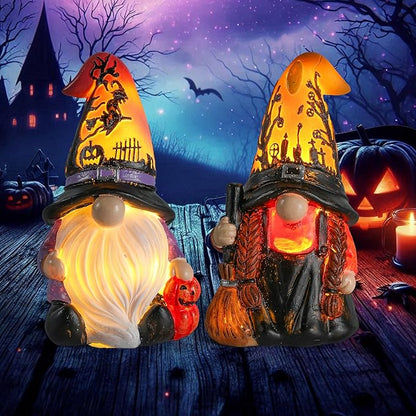 Halloween Gnomes and Witch Figurines - 2Pack Lights Up Fall Gnome - 4.5'' Resin Indoor Halloween Decor for Women (Gnomes)