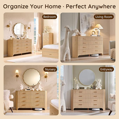 Fluted 8 Drawer Dresser for Bedroom with Curved Profile Design,53.9" W Wide Chest of Drawers with Reeded Front Panels,Wide Storage Cabinet with Smooth-Glide Drawers for Living Room,Natural Oak