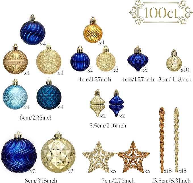 Valery Madelyn 100ct Christmas Tree Decorations Ball Ornament Set, Blue and Gold Shatterproof Hanging Ornaments Bulk for Xmas Holiday Party Decor