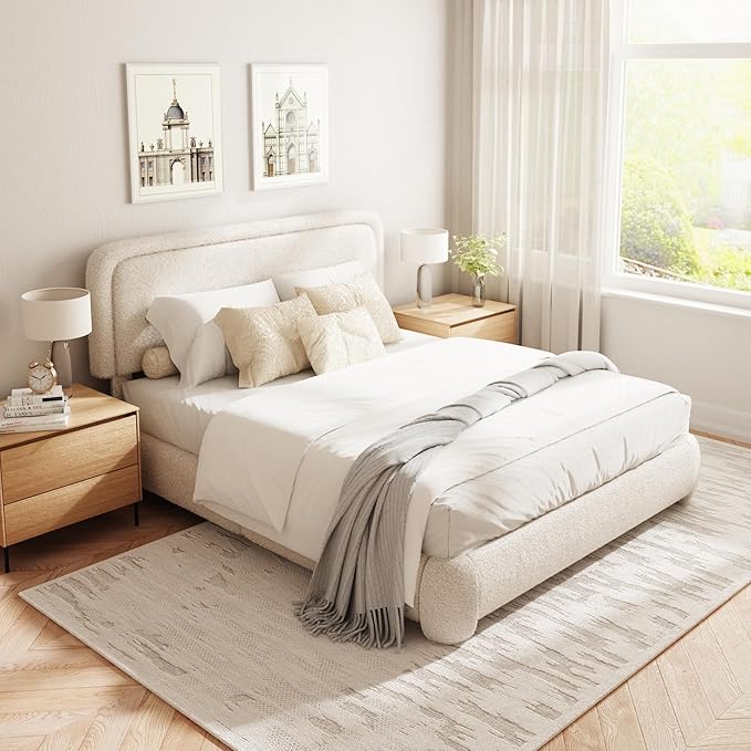 Queen Size Boucle Bed Frame, Cloud Upholstered Platform Bed with Height Adjustable Headboard & Soft Rounded Corners, No Box Spring Needed, Noise Free, Easy Assembly, Beige