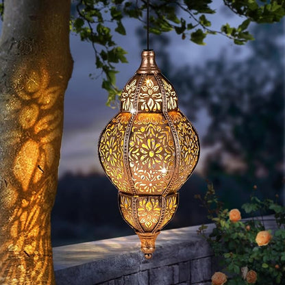 Hanging Solar Lantern Outdoor Decor, Moroccan Solar Lights for Outside Garden Decorations, Waterproof Lanterns Garden Gifts for Mom, Women, Patio, Yard Ornament