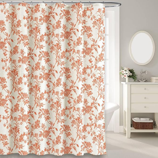 Orange Shower Curtain Floral Cotton Linen Cottagecore Shower Curtain for Bathroom 72" W x 72" L