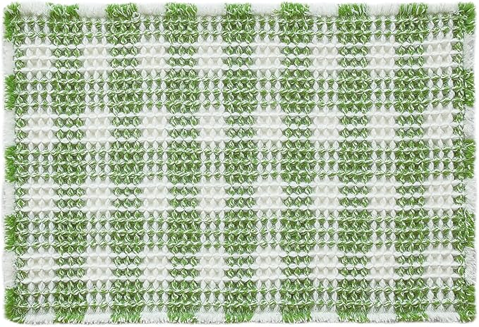 Waffle Bath Mat, Boho Bathroom Rugs Non Slip Washable Absorbent Checkered Bathroom Mat Quick Dry Cute Bath Mat, 24"x16" Green and White