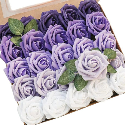 Floroom Artificial Flowers 25pcs Real Looking Violet Purple Ombre Colors Foam Fake Roses with Stems for DIY Wedding Bouquets Bridal Shower Centerpieces Party Tables Home Decorations