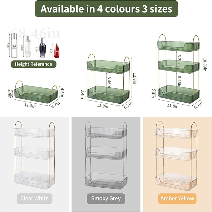 3 Tier Bathroom Organizer Countertop Makeup Perfume Skincare Organizer for Bathroom Dresser Vanity (Green)