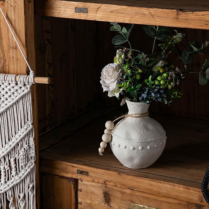 Rustic Ceramic Vase with Boho Wooden Beads, Matte Decorative Pottery for Modern Farmhouse and Bohemian Decor, Floral Arrangements, Living Room, Table Centerpieces