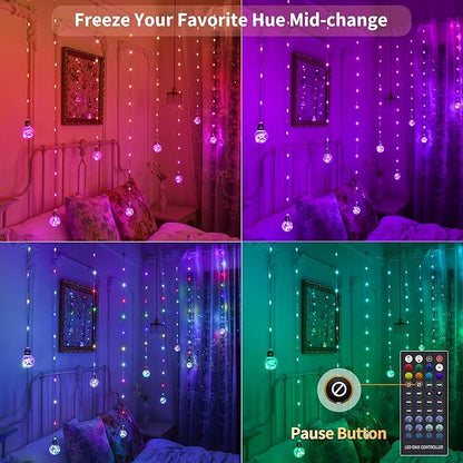 Color Changing Wishing Ball Curtain Lights, 9.8 x 3.3 FT RGB LED Fairy Light with Remote App Control, Music Sync Window Backdrop Wall Hanging Lights for Bedroom Party Halloween Christmas Decoration