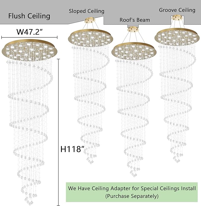 W47 x H118 High Ceiling Chandelier with LED Bulbs Dimmable Long Light Glam Chandeliers Crystal Pendants Light Fixtures for Foyer Entryway Living Room Stair Gold