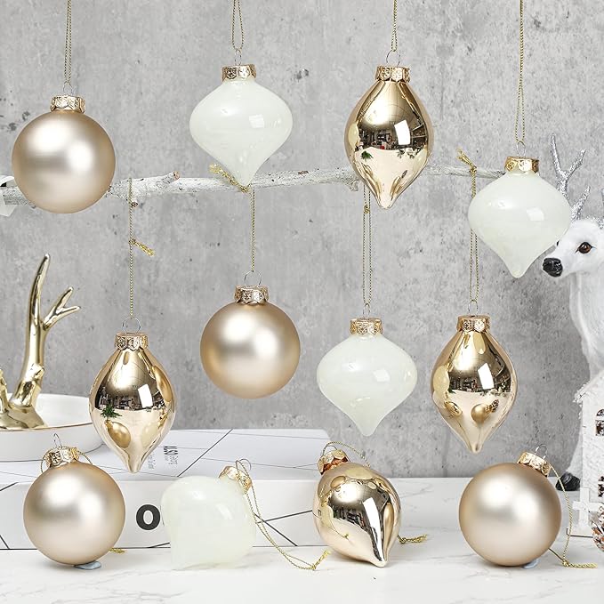 Zomiboo 12 Pcs Gold Glass Christmas Ball Ornaments Set 3.15" Hanging Shatterproof Glass Bulbs for Christmas Tree Baubles Bulk for Holiday Xmas Tree Decorations Gifts