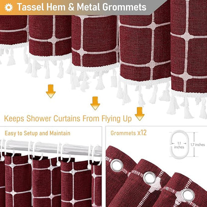 BTTN Extra Long Shower Curtain, 72x84 Inch Long Boho Chic Tassel Linen Fabric Shower Curtain Set with Hooks, Tall Modern Farmhouse Elegant Heavy Duty Thick Cloth Shower Curtains for Bathroom, Burgundy