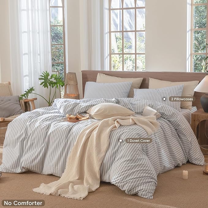 MooMee Striped Duvet Cover Set 100% Washed Cotton Linen Like Textured Breathable Durable Soft Comfy (Cornflower Blue White Classic Stripes, Oversized Full 82"x86")